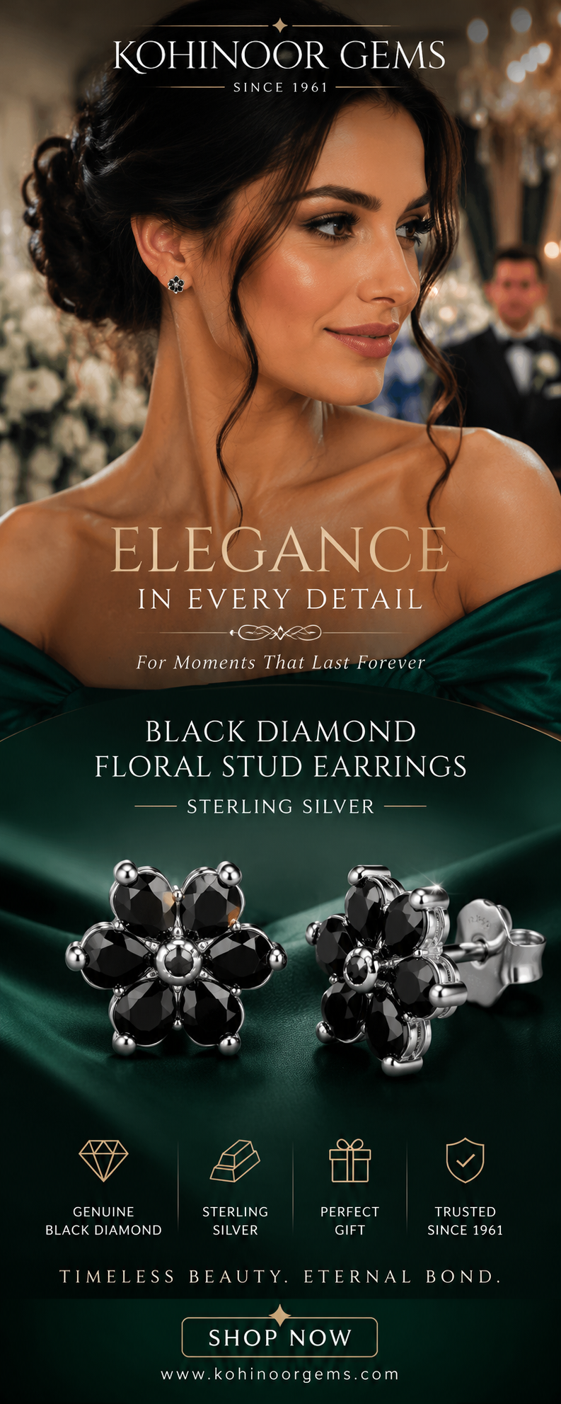 Elegant Black Diamond Floral Stud Earrings in Sterling Silver