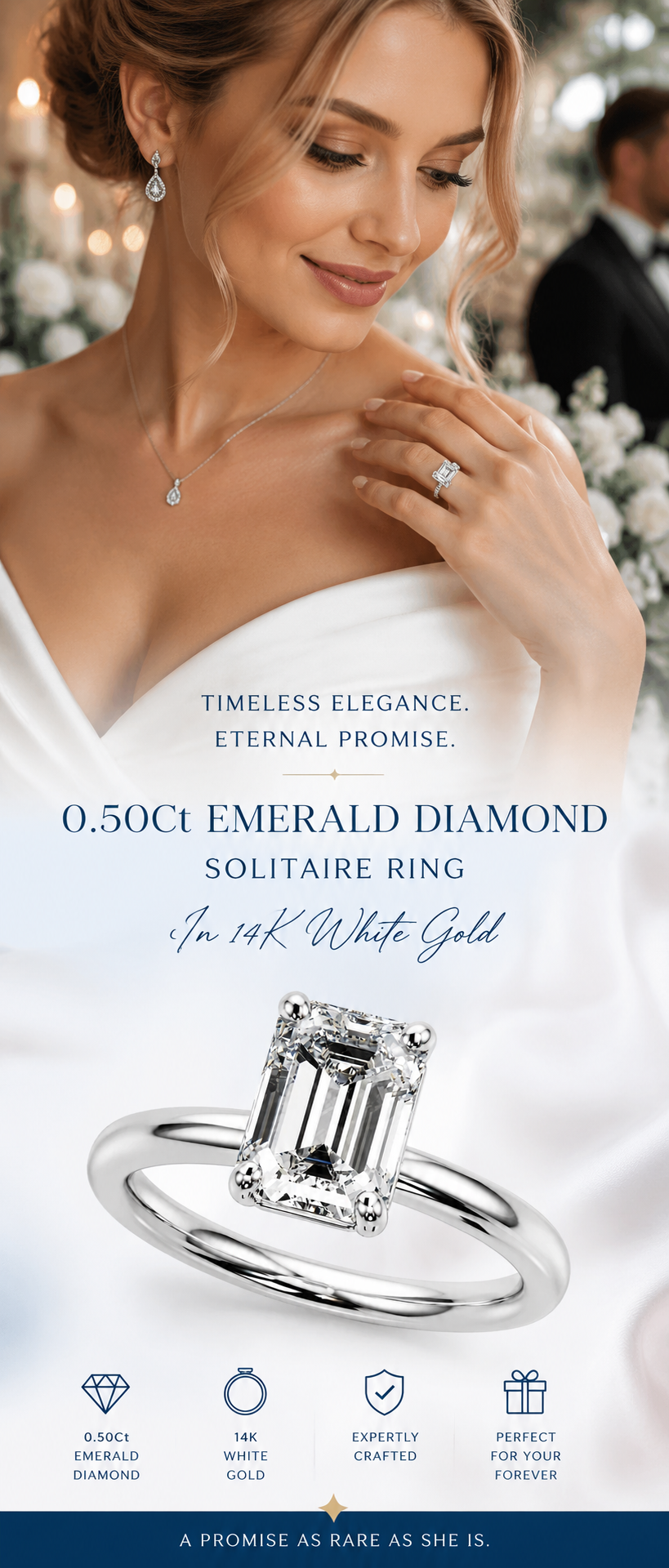 0.50 Ct Emerald Diamond Solitaire Ring in 14K White Gold