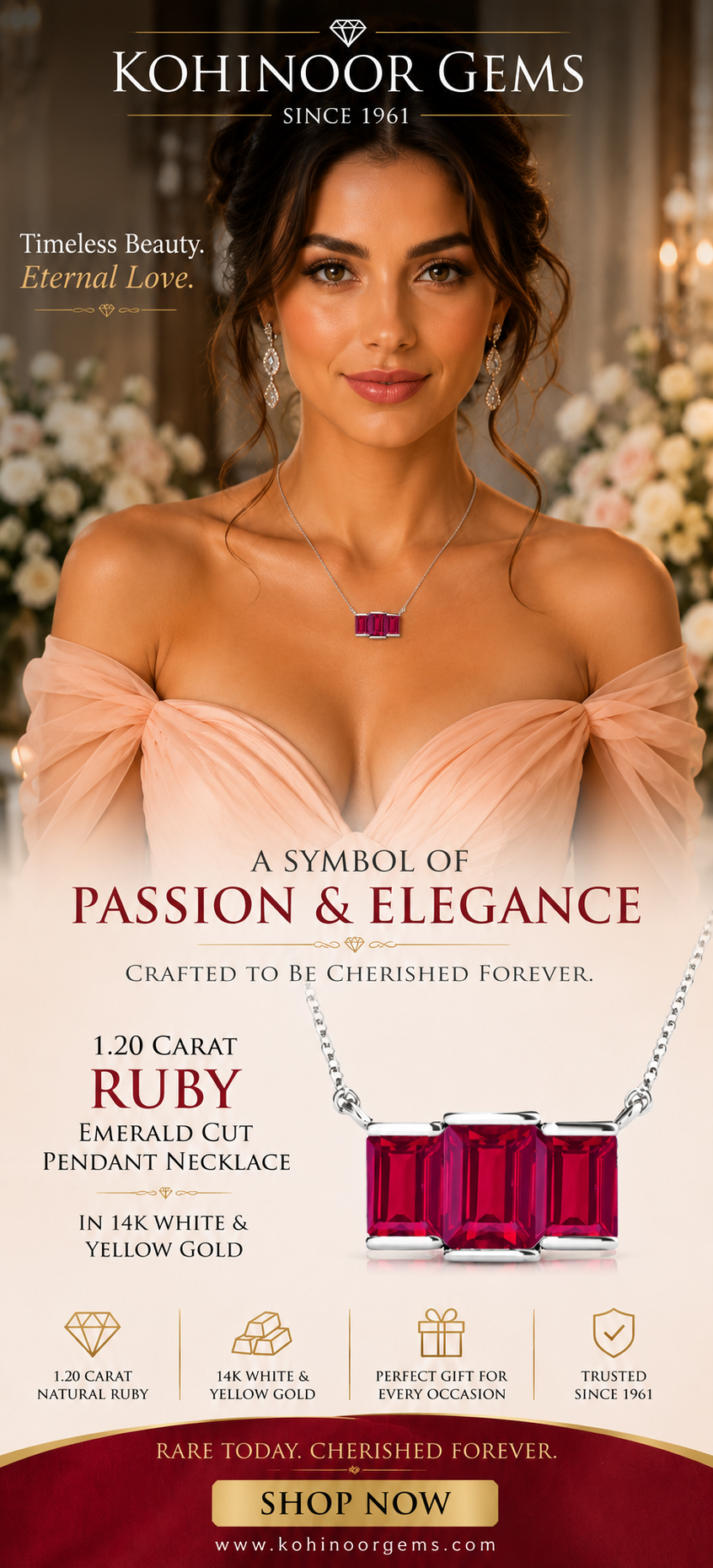 1.20 Carat Emerald Cut Ruby Gemstone Pendant in 14K White & Yellow Gold with Chain